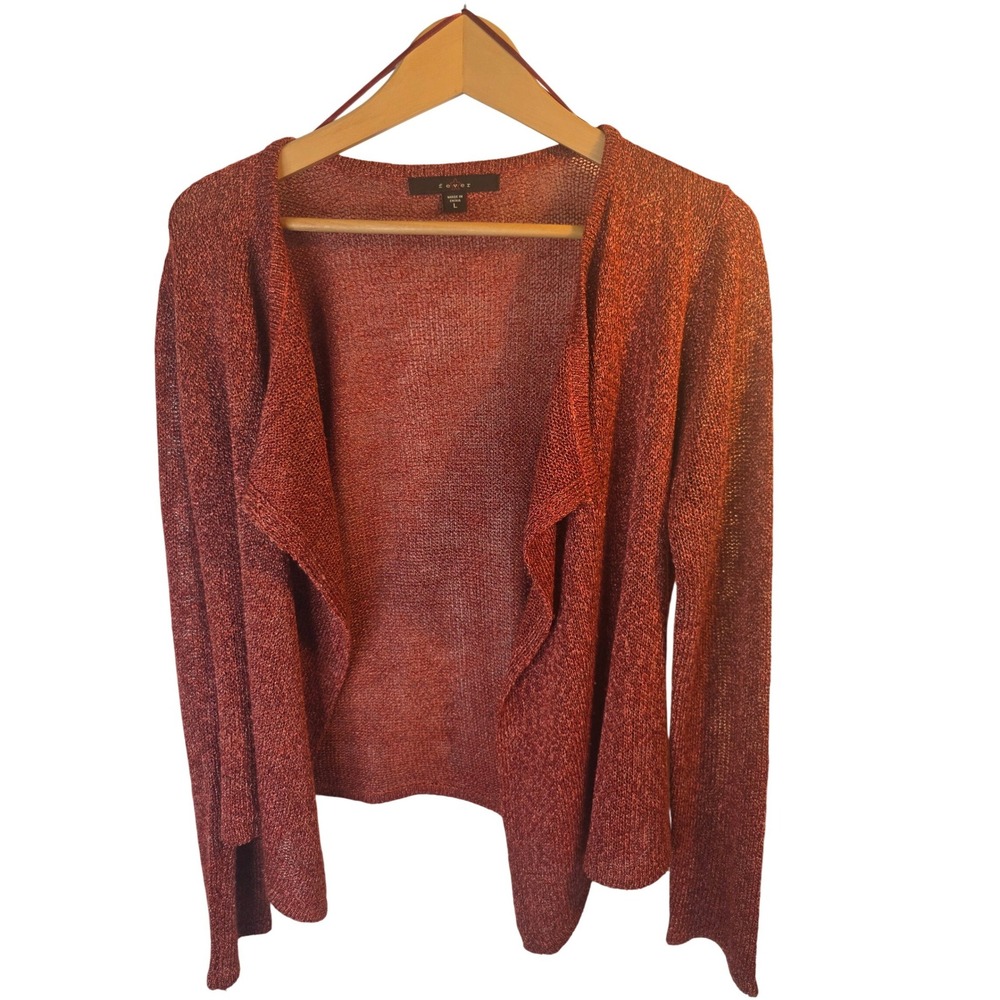 Fever Womens‎ Large Copper Orange Metallic Knit Open Front Waterfall Cardigan